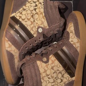Coach wedged   Brown and Tan Patterned Sneakers